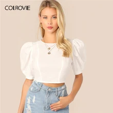 COLROVIE, белый топ с пышными рукавами и замочной скважиной на спине, женская блузка, рубашка, лето, корейская мода, облегающие офисные женские блузки