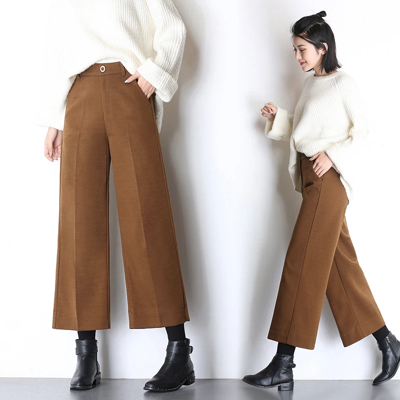 

Autumn Winter Woolen High Waist Pants Plus Size Ankle-Length Pants Elegant Office OL Wide Leg Pants Straight Women Trousers