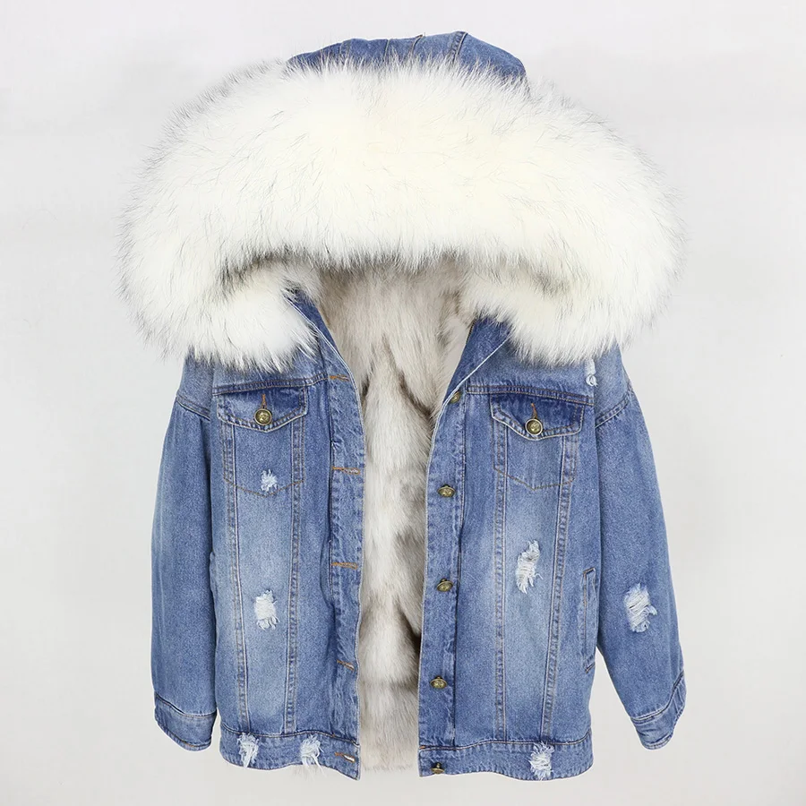 Новая осенне-зимняя куртка, пальто, женская джинсовая куртка с дырками, настоящий большой воротник из меха енота, с капюшоном, натуральный Лисий мех, толстая теплая подкладка