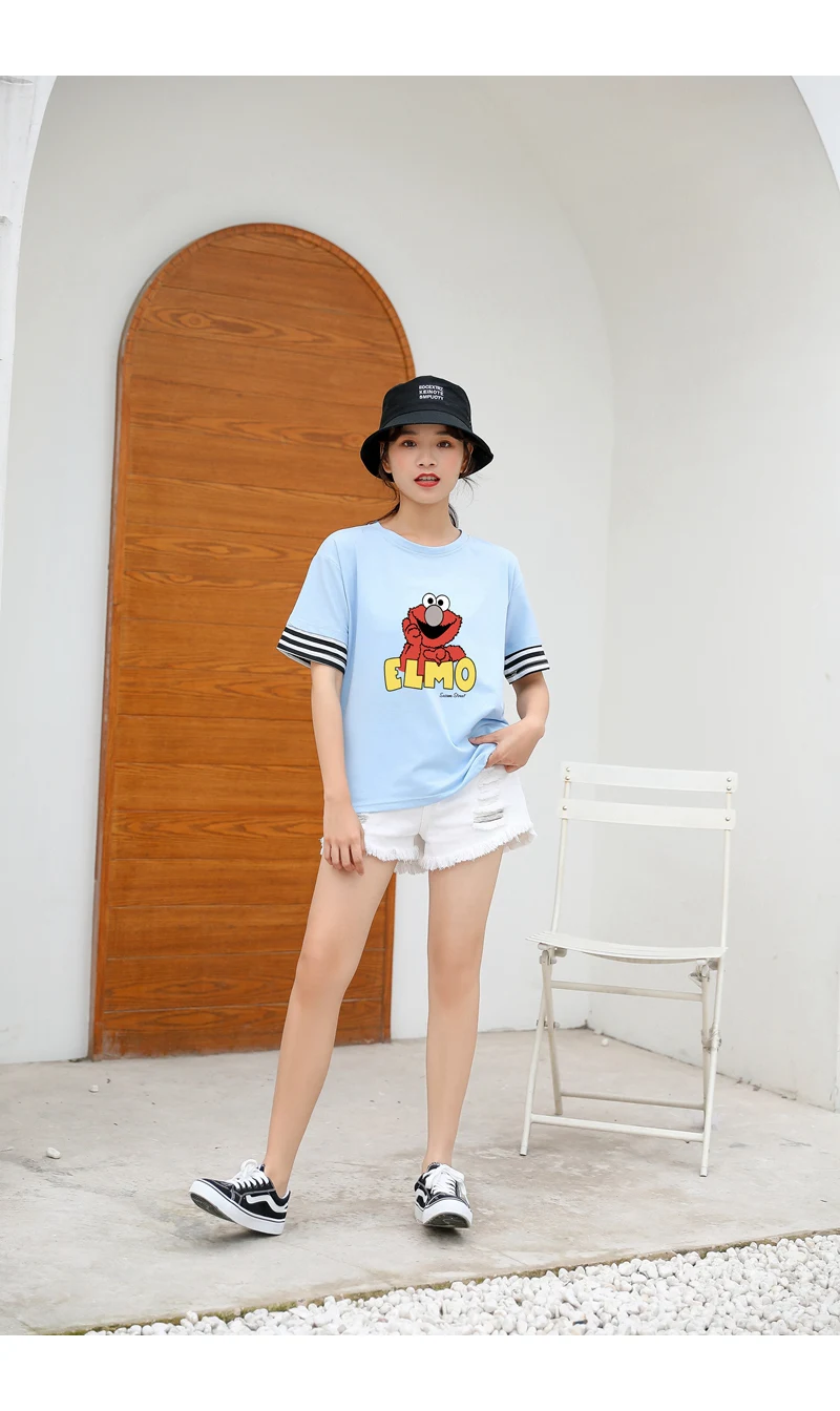 New Cotton Harajuku Kawaii T Shirt Lovely Funny Sesame Street Elmo Cartoon Print Strpied Spliced Tops Tee Shirt Femme Streetwear (11)
