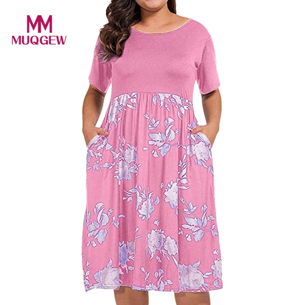 

Fashion Women Casual Patchwork Plus Size Print O-Neck Pockets Short Sleeve Patchwork dresses large sizes robe femme ete 2019