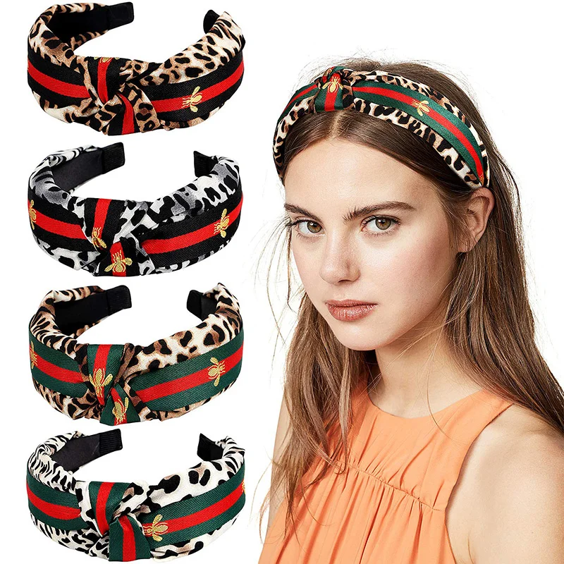 

Leopard Print Bee Headband Knot Tie Hairbands Women Turban Korean Wide Tiara Trendy Headwear Hair Accesories