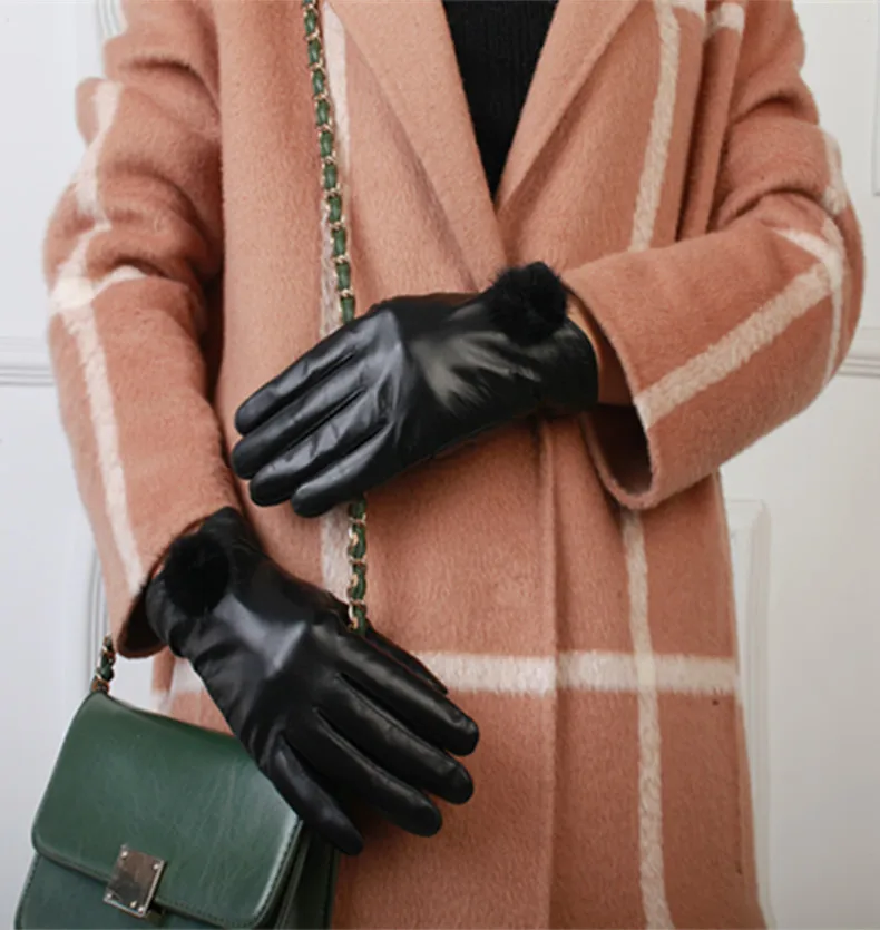 Женские перчатки с сенсорным экраном тонкие модные женские черные варежки для вождения зимние плюс бархатные утолщенные кроличья шерсть