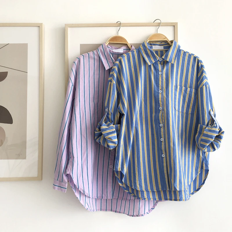 Корейский Chic Стиль 2018 Для женщин рубашка в полоску контраст Цвет женский Harajuku Модные осенние с длинным рукавом свободные блузки Топы AIYANGA