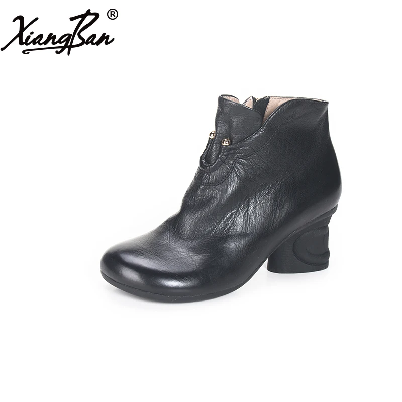 Cabeza Cuero Otoño Xiangban Retro Mujer Zapatos Tacón Botas Primavera Grueso Las Redonda 2019 Black red Mujeres De BzPwB