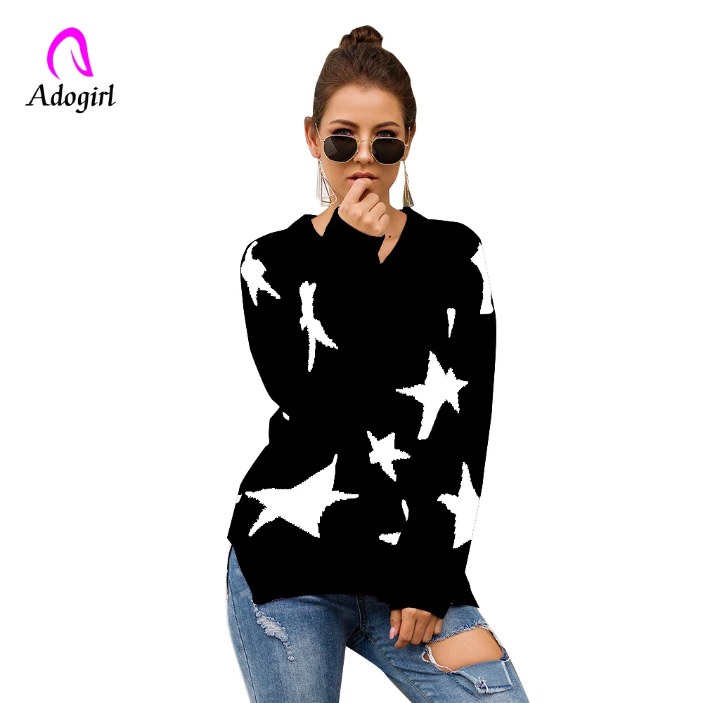 

Adogirl Star Printed Knitted Sweater Women Jumper V Neck Casual Autumn Winter Sweater Loose Pullover Sweaters Ladies Pull Femme
