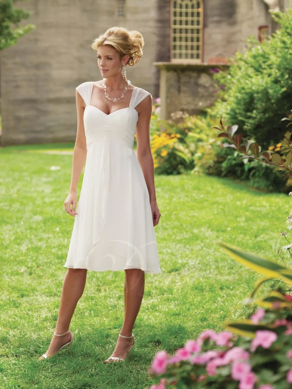 charming elegant short cap sleeves white chiffon beach tea length