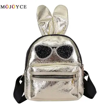 

Glasses Rabbit Ear Women Backpack Teenagers Girls Bling PU Leather School Mini Backpacks Female Shoulder bagpack Mochila