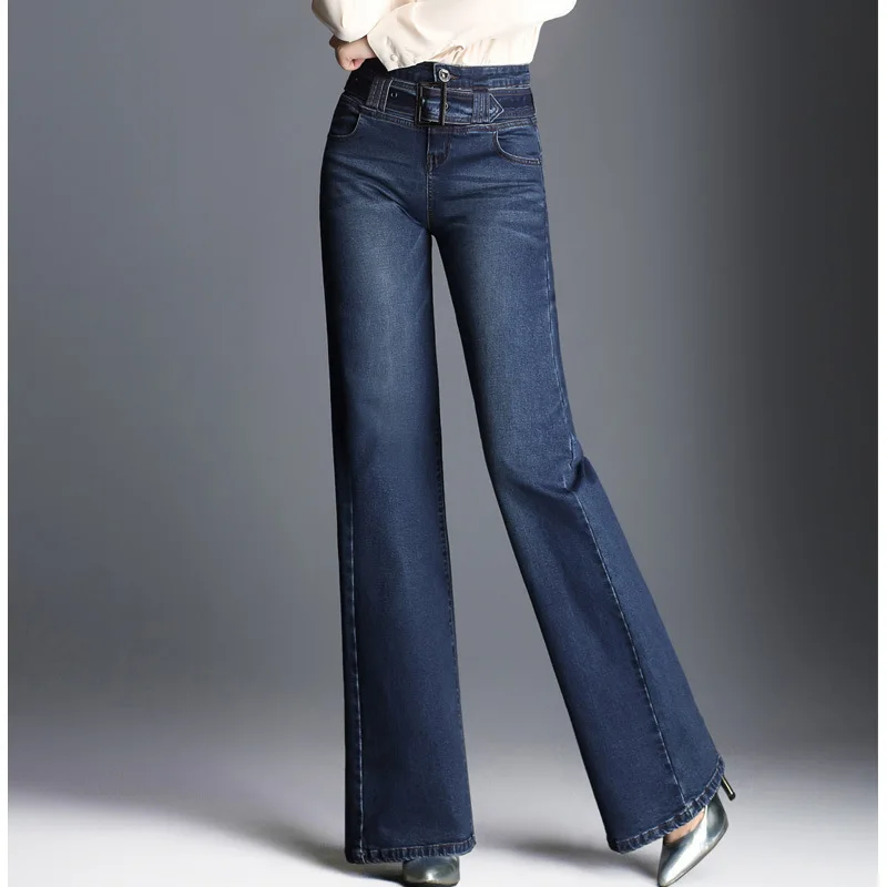 Женские расклешенные книзу джинсы с широкими штанинами осенние с высокой талией модные синие расклешенные джинсы брюки размера плюс потертые джинсовые брюки SD166 - Цвет: Dark blue 02