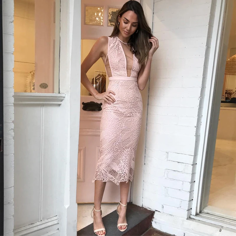 

New Fashion Hot Selling Elegant Pink Bandage With Lace Dress Wedding Bridesmaid Party Dress Vestido Wholesale Casual Outfit Date
