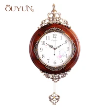 OUYUN European Antique Wooden Wall Clocks Pendulum Decor Silent Quartz Movement Art Edge Wall Pendulum Classical Wall Clock