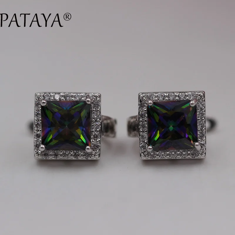 

PATAYA New Square Natural Zircon Earrings True White Gold Small Size Simple Dangle Earrings Women Romantic Hollow Jewelry