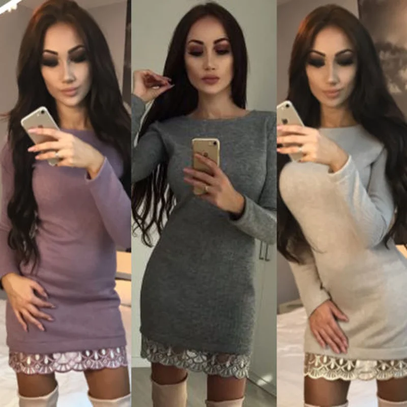 

2019 New Sexy Dress Women Autumn Winter Dresses Long Sleeve O-neck Pullover Knit Bodycon Lace Slim Mini Dress Knitwear