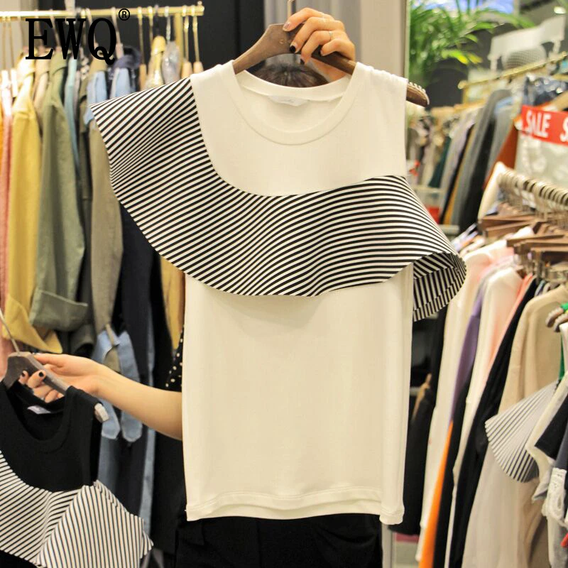 

[EWQ] New Pattern Of 2019 Spring Summer Round Collar Sleeveless Ruffles Patchwork Off Shoulder Casual T-shirt Women AD949