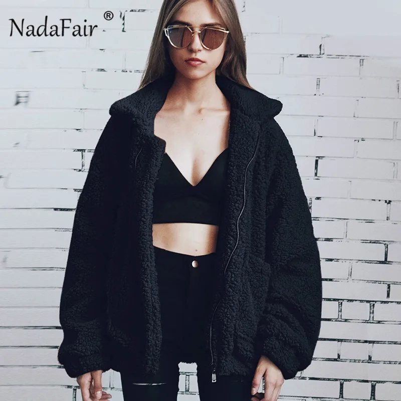 Nadafair زائد حجم الصوف فو Shearling الفراء سترة معطف المرأة الخريف الشتاء أفخم الدافئة سميكة تيدي معطف الإناث عارضة معطف