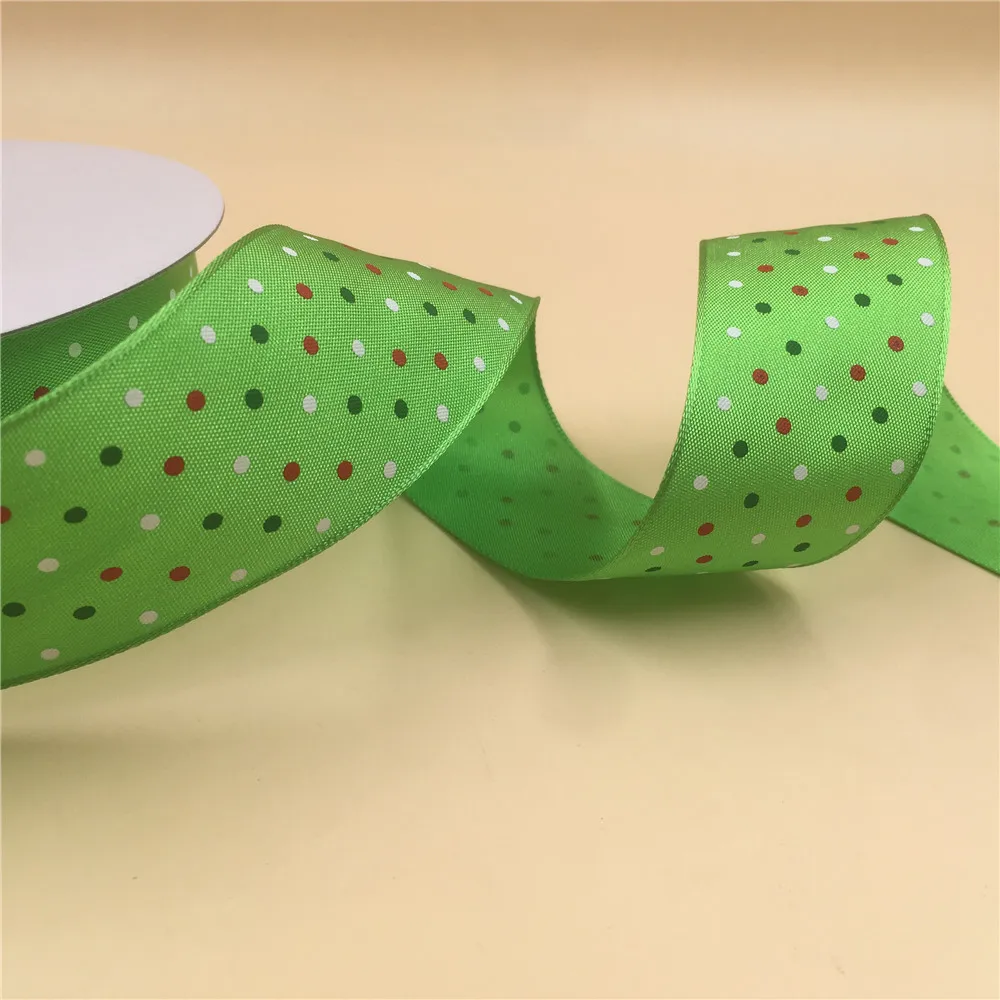 

N1140 38mm X 25yards Red/green/white Multicolor Dots Wired Green Taffeta Ribbon. Gift Bow,wedding,cake Wrap,tree Decoration