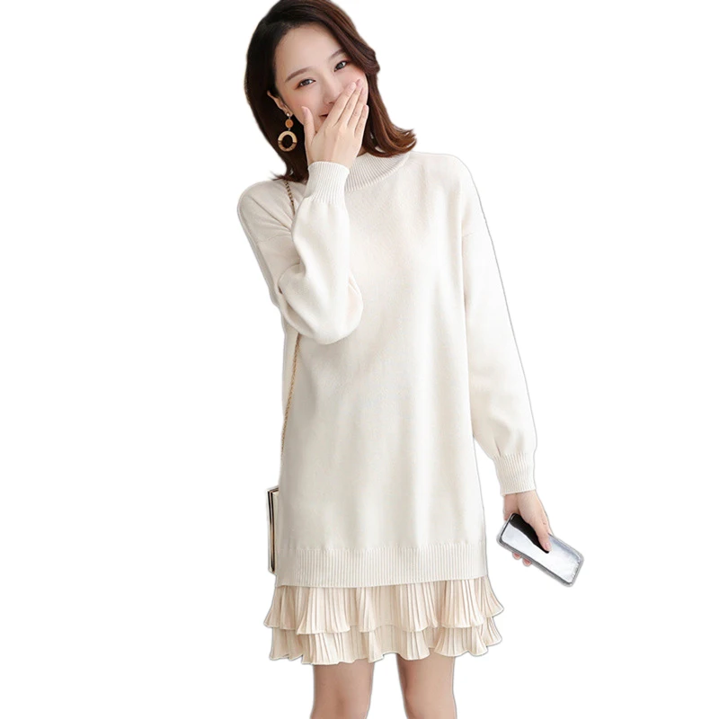 

2018 Autumn Winter Women Knitting Brief Straight Sweater Dress Female Loose Chiffon Patchwork Dresses Solid Pullover Dress V103