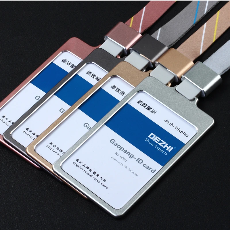 DEZHI High Gloss Business ID Card Holder with 1.5cm Neck Strap,Metal Name Card Case with Lanyard,Customize LOGO Badge Holder
