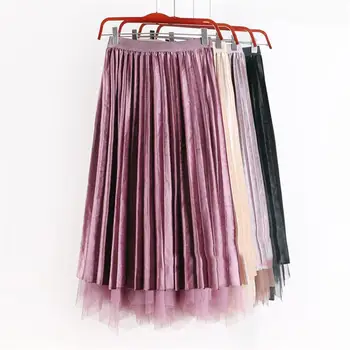 

2018 Autumn Winter Reversible Velvet Tulle Long Skirts Women A-line High Waist Pleated Skirt floral Elegant Skinny Skirt X27