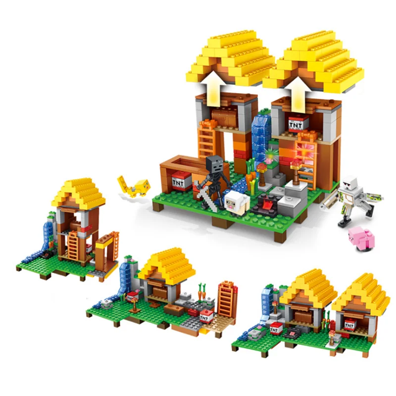 Minecraft 4 In 1 Yellow Roof House Model Building Blocks Toys For Children Compatible Legoing