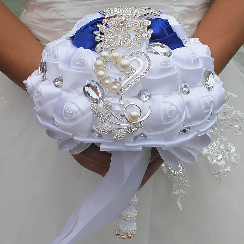 Белый Королевский синий цветок розы невесты букет de noiva роскошный кристалл свадебный букет цветы W228-11