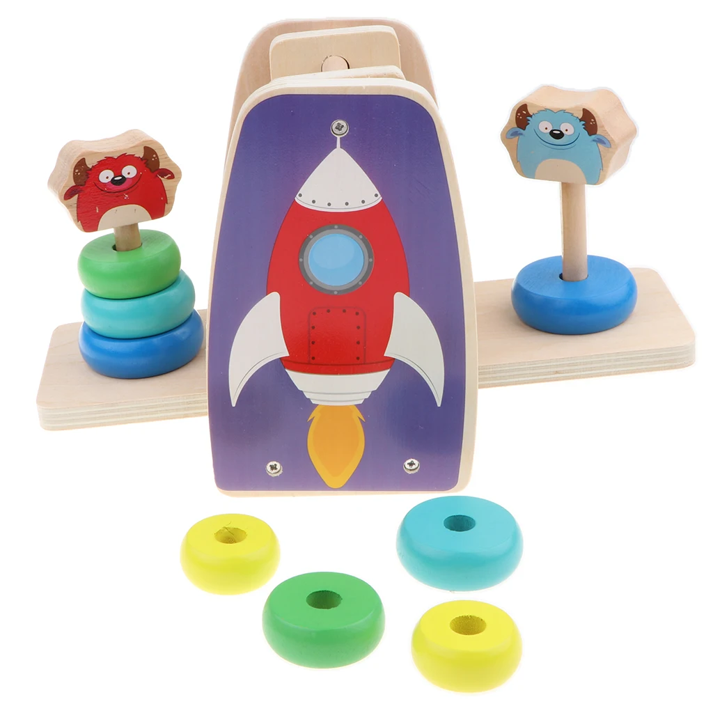Kid Baby Wooden Ring Blocks Balance Scale - Stacking Rainbow Tower Educational Toy Color Shapes Developmental Puzzle