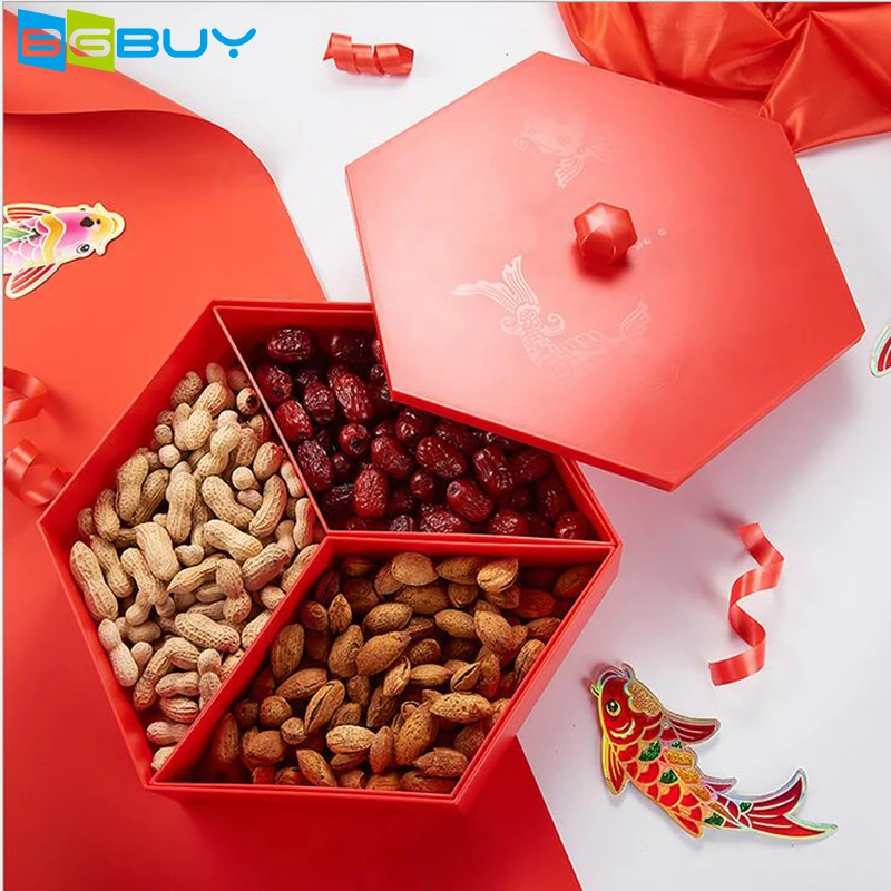 

Solid Red Fish Printed Hecagonal Plastic Fruit Snack Plates with Cover Kids Family Candy Storage Box ,27*31cm