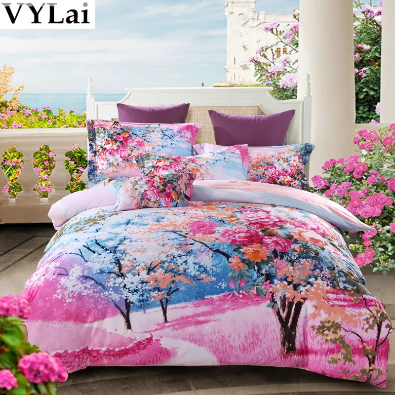 Pink Flower Girls 3D bed Linen set Queen King Size Bedding sets Bright