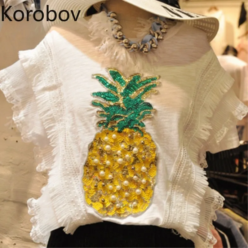 

Korobov Korean Sequin Embroidery Pineapple Women T Shirt Pearl Ruffles Sleeveless Female T Shirts O Neck Tassel Tee Tops 77762