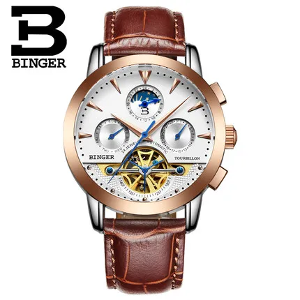 Brand Binger Hot Selling Wholesale men s luxury watches men Mechanical watch Rose Gold Leather automatic