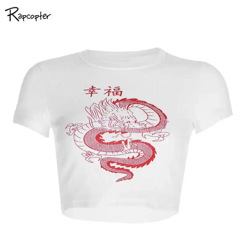 Рапкоптер с принтом дракона белая женская Повседневная футболка с коротким рукавом Базовая футболка в китайском стиле Femme Harajuku летние футболки - Цвет: Белый