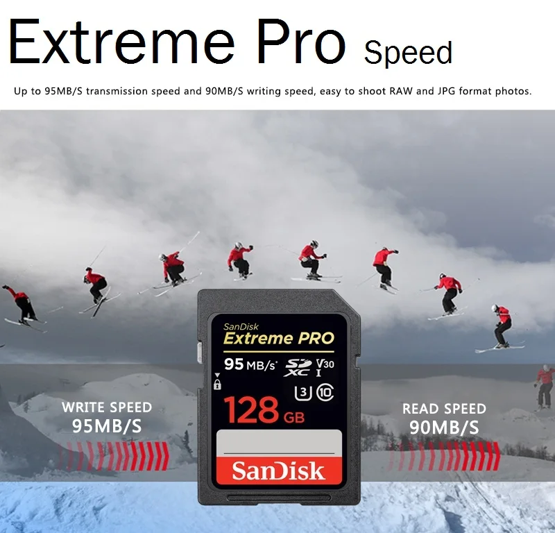 Двойной Флеш-накопитель SanDisk 32GB Extreme PRO SD card 64 ГБ, карта памяти, 128 ГБ Sdcard 256 ГБ, класс скорости 10 UHS-I высокое Скорость 95 МБ/с. V30 DSLR sd 32