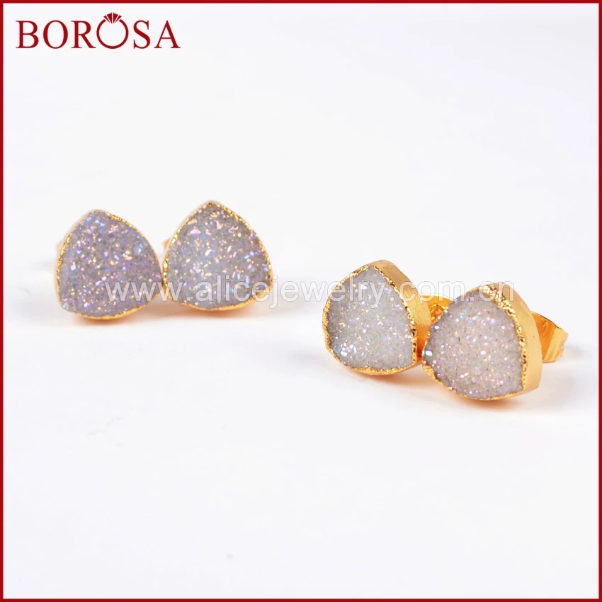 BOROSA Druzy 1 пара треугольные серьги с натуральным кристаллом, 10 мм золото Цвет натуральные Агаты Титан AB друзы серьги гвоздики G0683