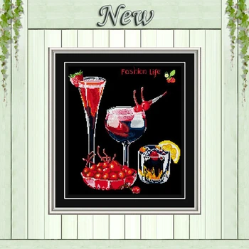 

wine cherry Cocktail painting counted on canvas Cross Stitch Embroidery kits Needlework Sets DMC 14CT 11CT black cloth unprinted