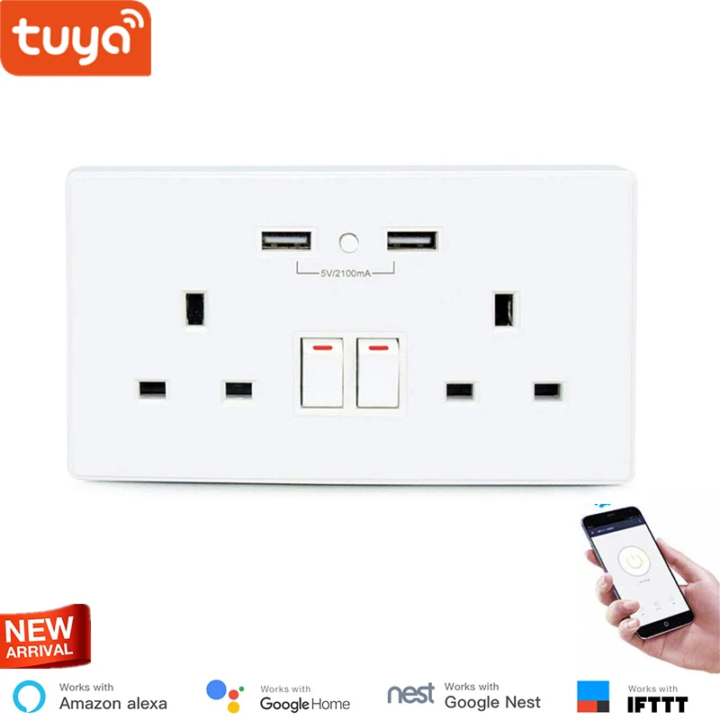

Tuya Smart WiFi in Wall Socket Smart Outlet 2 independent control Socket and 2 USB port Alexa and Google compatible UK Standard