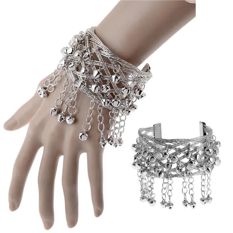 Ethnic Silver Color Charm Tassel Bell Open Bangle Vintage Elegant Charm