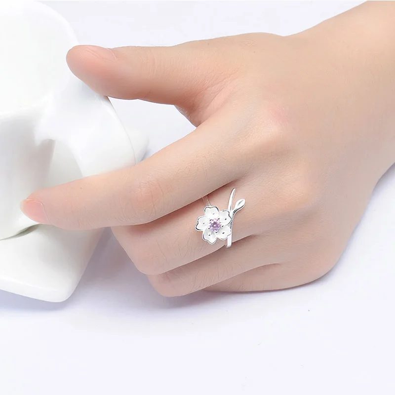 1PC Hot Pink Purple Cherry Blossoms Crystal Flowers Adjustable Rings For Women Girls Finger Decoration Ring Jewelry