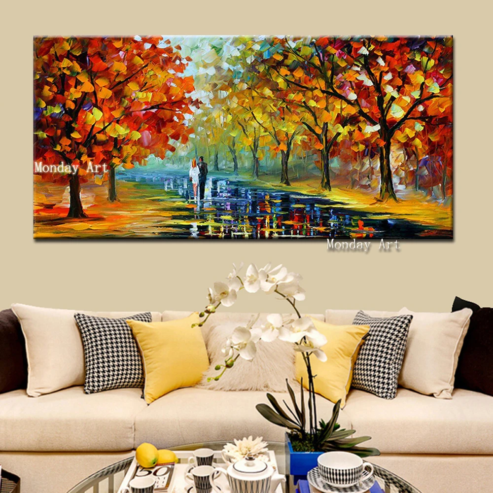 

100% Handpainted Lover Rain Street Tree Lamp Landscape Oil Painting Canvas Wall Art Picture paintings For Living Room Home Decor