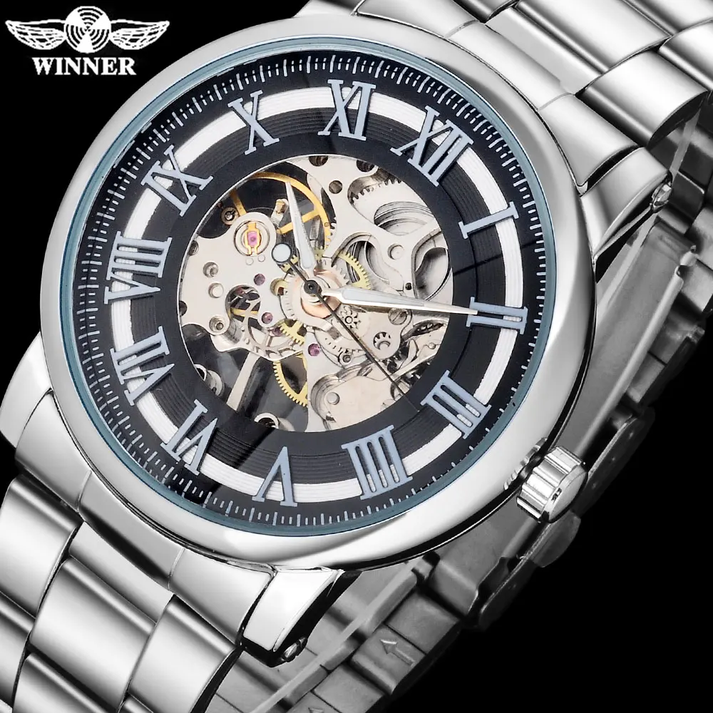 الفائز الأزياء الأعمال الرجال الميكانيكية الساعات العلامة التجارية الفاخرة الرجال الهيكل العظمي سوار الصلب الفرقة الساعات الذكور الفضة حا...