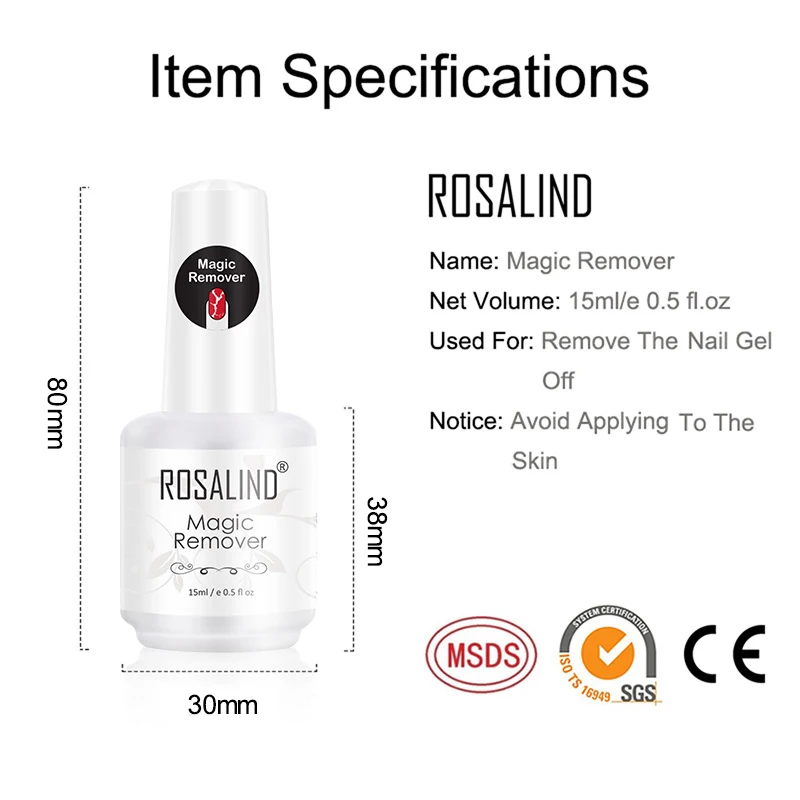 ROSALIND Nail Gel Polish Magic Remover For Manicure Fast Clean Within 2-3 MINS UV Gel Nail Polish Remove Base Top Coat