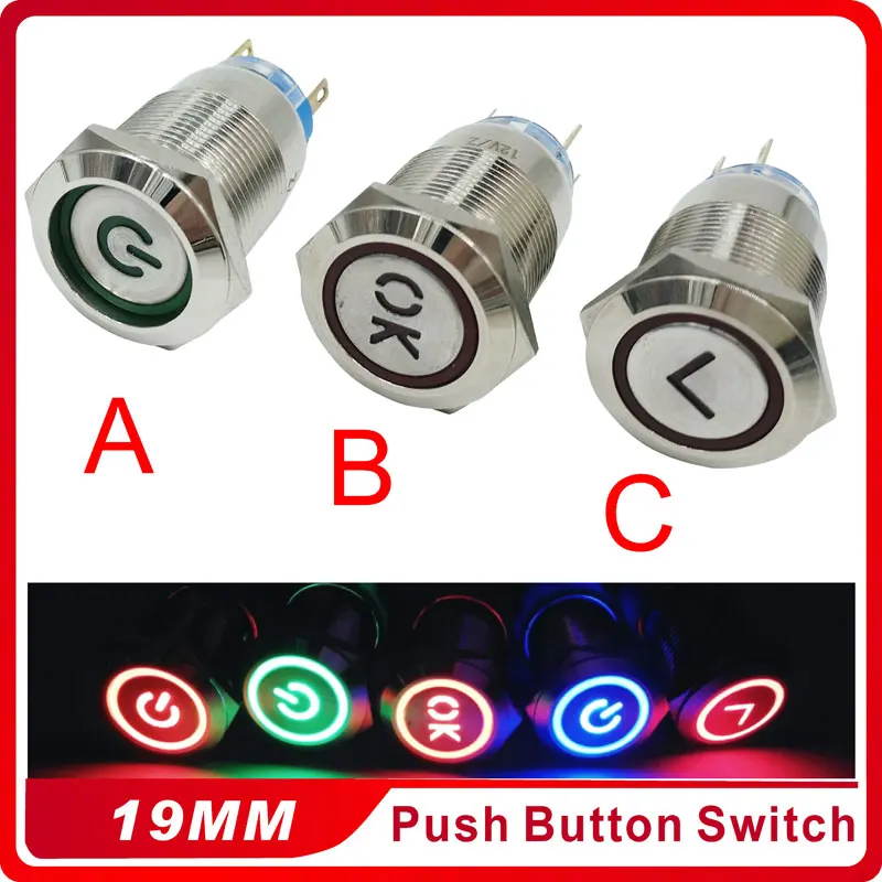 

19mm Metal Latching Push Button Switch LED 3V 5V 12V 24V 220V StainlessLess Steel Waterproof Car Auto Engine PC Power Start