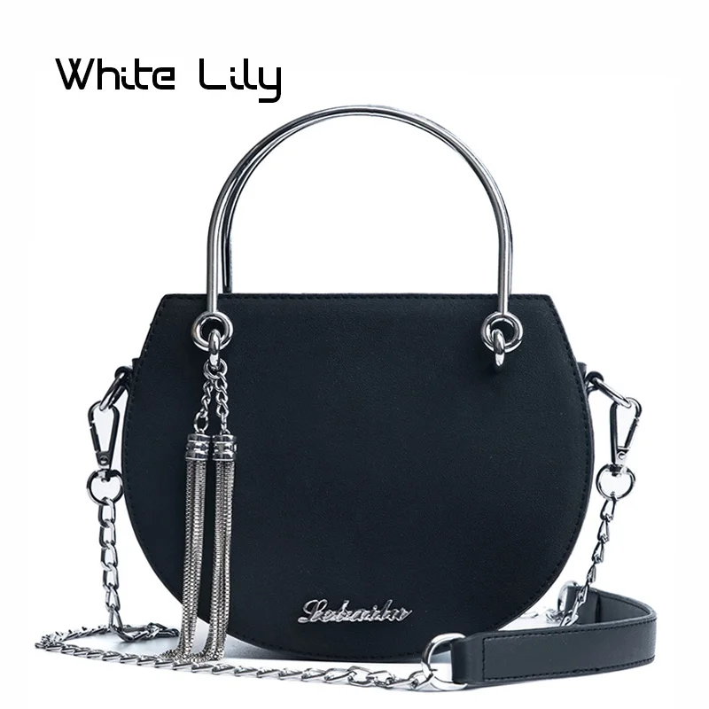 New Fashion Delicate Mini PU Leather Women's Handbag Metal Chain Tassel Shoulder Crossbody Bag Ladies Small Round Package