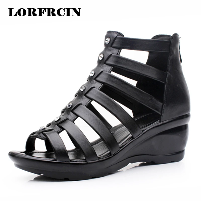 Gladiator Sandals Women Genuine Leather Soft Platform Wedges Sandals Summer Ankle Boots High Heel Shoes Woman Plus Size LORFRCIN lenkisen genuine leather big size wedges summer shoes gladiator super high heels straw platform sweet style women sandals l45