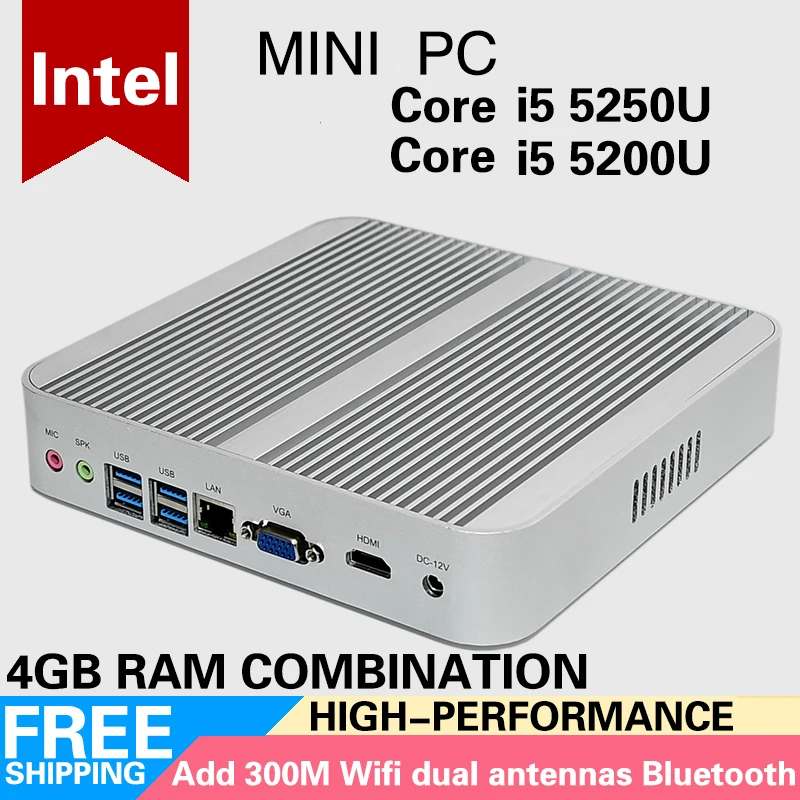 i5 5250U 5200UGigabit Lan Wifi HDMI VGA TV Box HTPC Free Shipping Office games multimedia Fanless