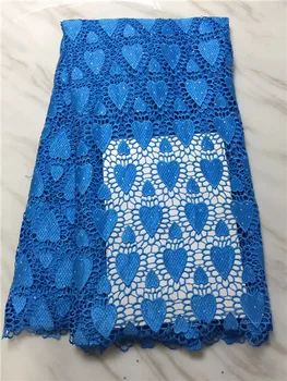 

2018 New arrival High Quality Nigerian Rhinestones blue Color African Cord Soluble Lace Fabric For dress