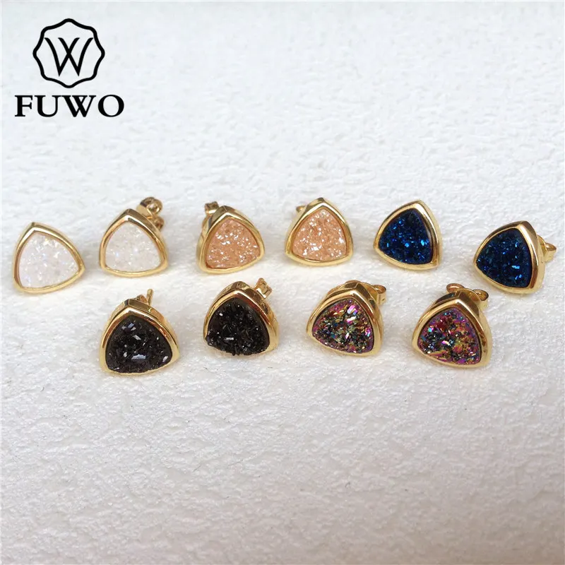 FUWO Triangle Druzy Stud Earrings With 24K Gold Filled Brass Bezel
