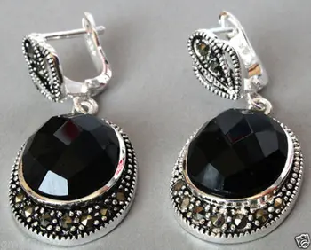 

brinco wedding wholesale good Vintage 925 Sterling Natural Faceted Black stone Onyx Marcasite Earrings for women jewelry