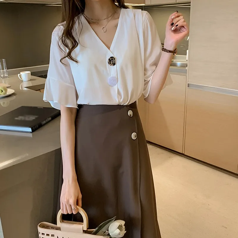 

2019 spring Summer V-neck Shirts SOLID BOTTON Chiffon Blouses High Waist Short RUFFLE Sleeved Sexy Tank Tops KOREAN STYLE