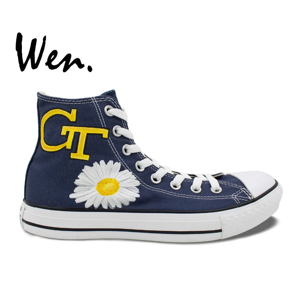 

Wen Hand Painted Shoes Design Custom Georgia Tech Yellow Jackets Man Woman's High Top Blue Canvas Sneakers