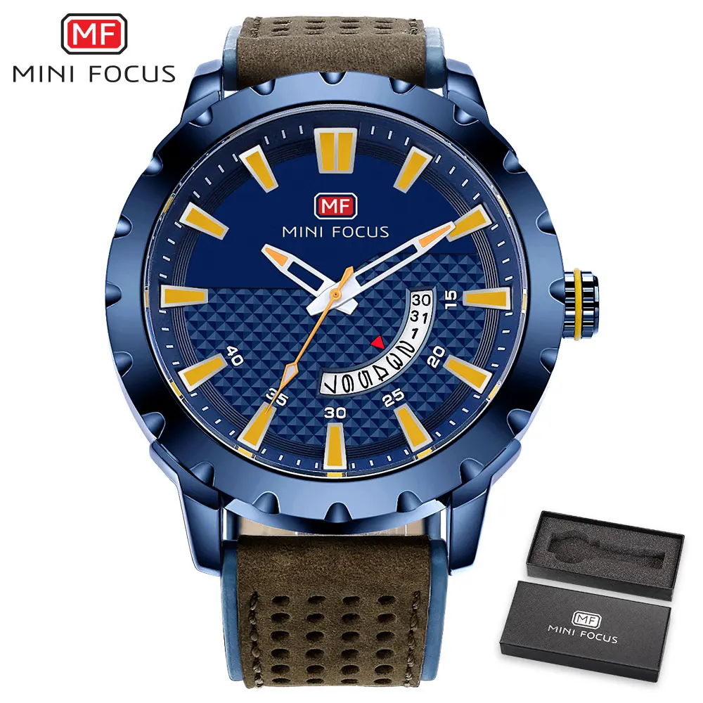 

MINIFOCUS Fashion Casual Quartz Watch Men Genuine Leather Strap Blue Dial Date Top Brand Luxury Wrist Watches Waterproof 30M